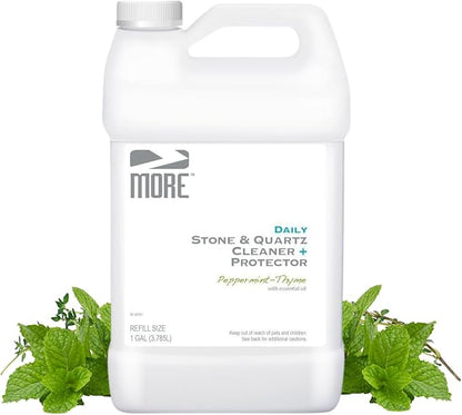 MORE Stone & Quartz Cleaner + Protector - Water-Based Surface Care Spray Refill - For Kitchen & Bathroom Countertops - Daily Cleaner/Protector - Peppermint-Thyme Essential Oil - 128oz