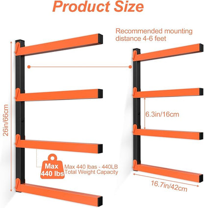 NANANARDOSO Wall Mount Wood Organizer and Lumber Storage,Heavy Duty Metal Shelf with 4-Level,Lumber Metal Racks for Indoor and Outdoor Use,4 Pack