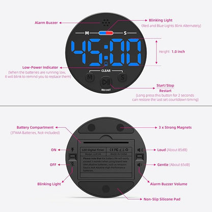 Large LED Digital Timer, Magnetic Countdown Loud Timer for Kitchen Cooking, Classroom Whiteboard, Kids, Toddler, Game, Productivity, Focus, Work, Task, Office, Meeting – Small, Simple, Visual, Blue
