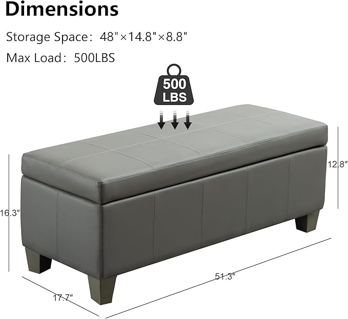 51 Inch Faux Leather Ottoman with Storage, End of Bed Bench with Large Storage, Rectangular Extra Long Bench for Bedroom and Living Room, Light Grey