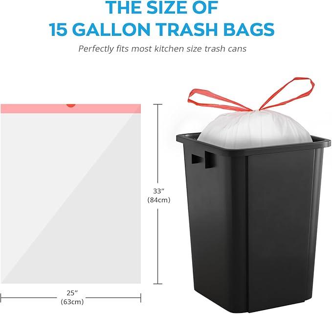 Ultra Thick 15 Gallon Drawstring Trash Bags, 108 Count Heavy Duty Large Plastic Garbage Bag, Leak Proof Trash Can Liners for Tall Kitchen Home Office Lawn Outdoor, White