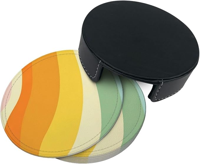 6 Pcs Groovy Retro 70s Style Cute Abstract Leather Coasters