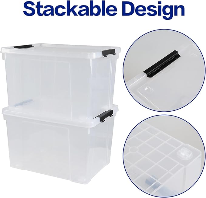 50 L Large Plastic Storage Bins with Latching Lids and Wheels, 4-Pack Clear Stackable Boxes for Closet, Garage