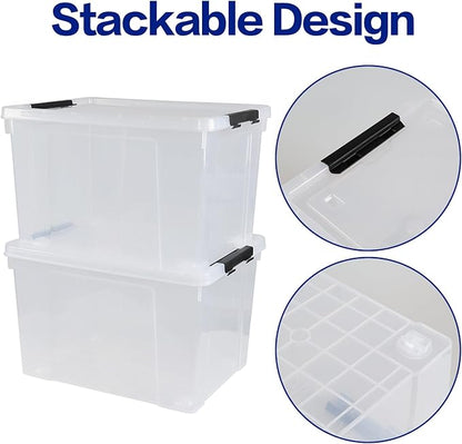 50 L Large Plastic Storage Bins with Latching Lids and Wheels, 4-Pack Clear Stackable Boxes for Closet, Garage