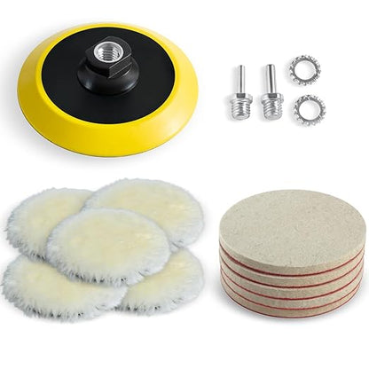 LINE10 Tools 5-Inch Wool Polishing Kit for Drill or Angle Grinder or Orbital, Includes 5 Hard Felt, 5 Soft Wool Buffing Pads with Hook and Loop, Drill Adapter Attachment, Small Car Buffer Auto Glass