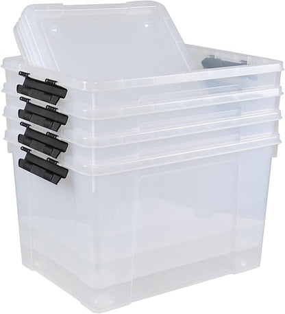 50 L Large Plastic Storage Bins with Latching Lids and Wheels, 4-Pack Clear Stackable Boxes for Closet, Garage