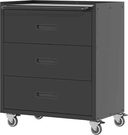 Metal Storage Cabinet with Wheels, Garage Storage Cabinet with 3 Drawers, Rolling Tool Storage Cabinet, Assembly Required, Black