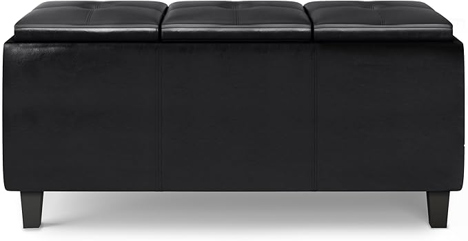 SIMPLIHOME Avalon 42 inch Wide Contemporary Rectangle Tray Storage Ottoman with Lift Up Lids in Midnight Black Vegan Faux Leather, Assembled, for the Living Room, Entryway and Family Room