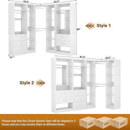 Corner Closet System with 5 Drawers, Closet Organizer System with 15+Shelvess & 4 Hanging Rods, 63.2"L * 63.2"W / 87.2"L * 39.2"W Reversible L Shaped Walk-in Closets, Load 2500+LBS, White