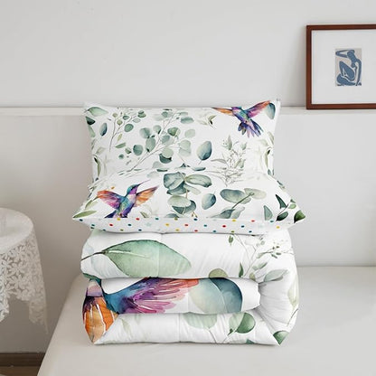 Erosebridal Cartoon Hummingbird Bedding Toddler Size Wildlife Bird Comforter Set, Plant Duvet Insert Eucalyptus Leaf Quilt Comforter, Jungle Animal Theme Bedding Comforters & Sets Kids Room Decor