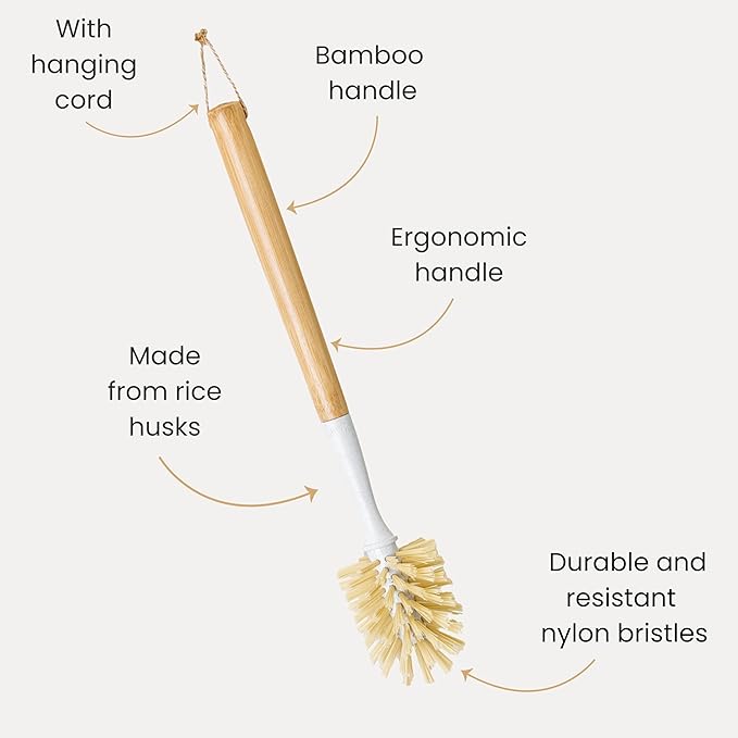 Vigar Zeroline 13.9" Long Bamboo Dish Brush, Ideal Dish Brush for Cups, Wine Glass, Tumbler, Blender Bottles, and Glass Water Bottles for The Kitchen