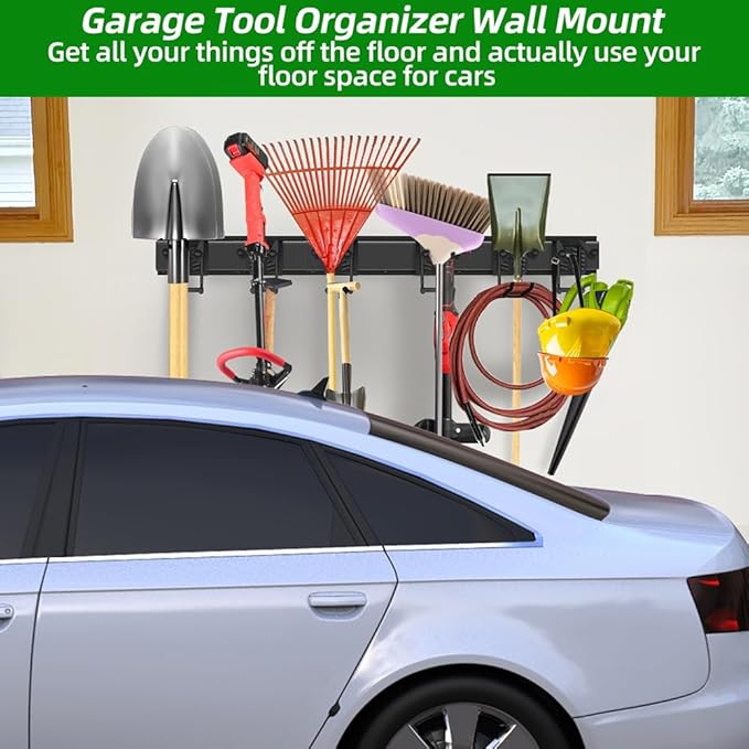 Garage Tool Organizer Wall Mount with 48 inches Rails and 6 Double-layer Hooks, Garden Tool Rack Heavy Duty, Garage Hanging Storage Rack For Yard Tools, Shovel, Shed