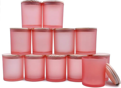 SHOWIN 14 OZ Thick Candle Jars for Making Candles 12 Pcs, 3 Wick Empty Jars with Wood Lids for Candle Making, Sample Container, Frosted Pink