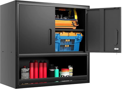 Garage Wall Cabinet with Doors and Shelves, Wall Mounted Metal Storage Cabinet with Open Storage, Lockable Hanging Tool Cabinet for Garage Utility Room, Black