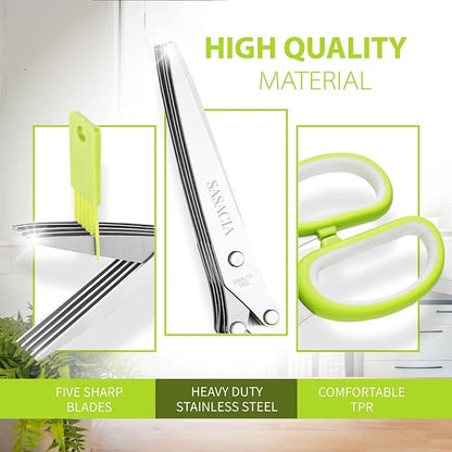 Herb Scissors with 5 Blades & Cleaning Kit, Stainless Steel Kitchen Shears for Herbs, Lettuce, Cilantro, Dishwasher Safe, Soft-Grip Handle
