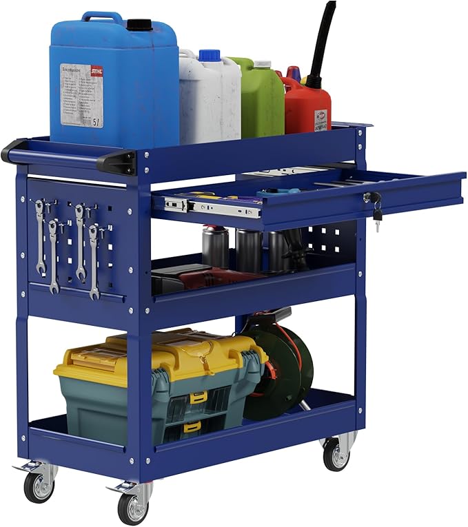 3 Tier Heavy Duty Tool Cart, Mechanic Metal Rolling Tool Carts Work Cart with Locked Drawers & Pegboard for Garage Workshop