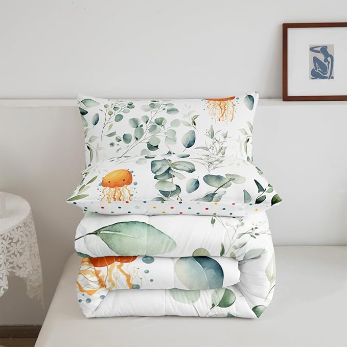 Erosebridal Kawaii Jellyfish Toddler Bedding Sets for Boys Girls Cartoon Animal Comforter Set, Eucalyptus Leaves Bedding Comforter Sets Ocean Wildlife Duvet Insert, Tropical Plants Down Comforter
