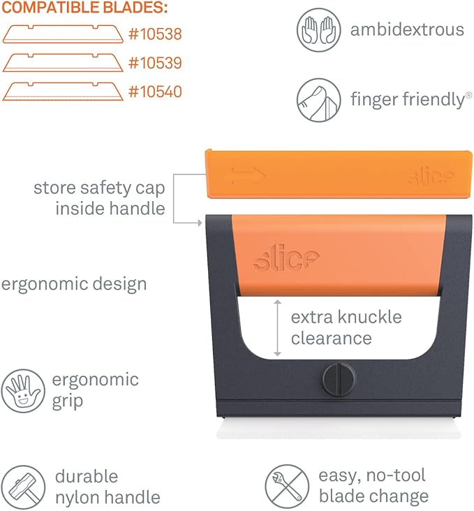 Slice 10501 Wide Scraper, Easy Clean, Ceramic Blade Lasts 11x as Long as Metal, Finger Friendly, Never Rusts, Safety Cap, Short Handle, 6 Pack