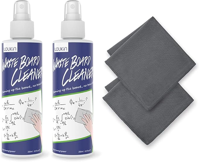 loukin Non-Toxic Whiteboard Cleaner, 8.5 fl oz Dry Erase Board Cleaner, Whiteboard Cleaning Spray with Cloths, Removes Stubborn Marks from Whiteboards (2-Pack)