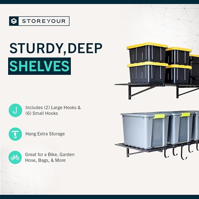 StoreYourBoard 2-Pack Heavy Duty Wall Shelves – Wall-Mounted Garage Storage Shelving and Organization for Sheds, Closets, or Utility Rooms – Holds 200 lbs, 2ft x 4ft, Black