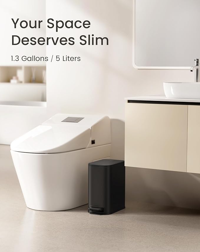 Cesun Small Bathroom Trash Can with Lid Soft Close, Step Pedal, 5 Liter / 1.3 Gallon Stainless Steel Garbage Can with Removable Inner Bucket, Waste Basket for Bathroom, Bedroom (Matte Black)