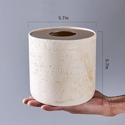 Natural Travertine Textures Mini Trash Can with Rose Gold Stainless Steel Lid, Mini Countertop Trash Can for Bathroom Kitchen, Desk or Table top Mini Garbage Can, Resin Tiny Waste Basket for Vanity