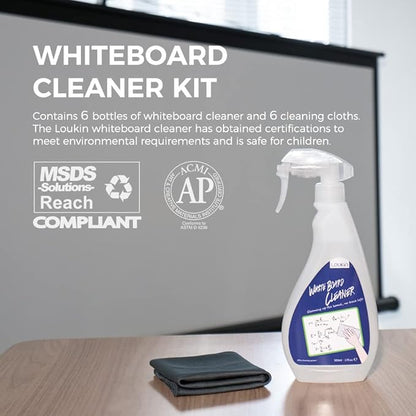 loukin Non-Toxic Whiteboard Cleaner, 17 fl oz Dry Erase Board Cleaner, Low-Odor Whiteboard Cleaning Spray with Cloths, Removes Stubborn Marks from Whiteboards, Chalkboard (6-Pack)