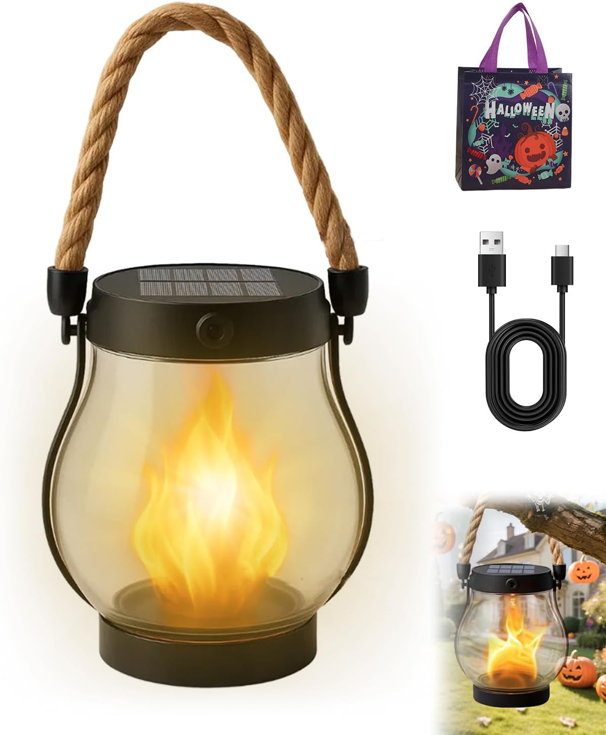 Kaliqo Solar Lantern Outdoor Lights - Official, Waterproof Kaliqo Solar Flame Lights Hangable with Dancing Flame, Hemp Rope Kaligo Lantern,Dual Charging Modes, Smokeless(1pcs)