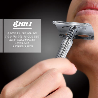 BAILI Classic 3-Piece Double Edge Safety Razor Wet Shaving for Men Women with Platinum Blade and Mirrored Travel Case BD176