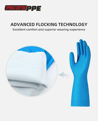 PACIFIC Cleaning Gloves with Latex free, Dishwashing Kitchen Gloves with Cotton Flocked Liner, Reusable, Non-Slip, Water Resistant Household Gloves, Blue, Medium