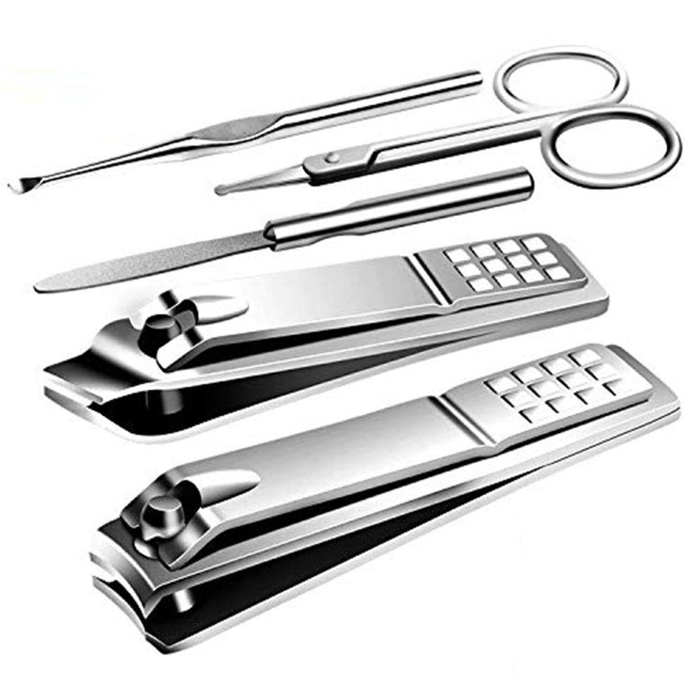 Manicure Pedicure Kit Nail Clippers Set Fingernails & Toenails Vibrissac Scissor 5 Pieces Best Care Tools for Man & Women with Travel Case (Gray/Black_A) (Primary Color of Stainless Steel_A)