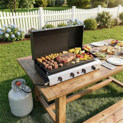 4 Burner BBQ Gas Griddle with Hood, 30 Inch Stainless Steel Portable Detachable Propane Griddle, 60,000 BTU Flat Top Barbecue Grill with Lid for Camping,Silver