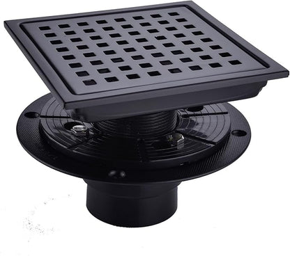 RANDOM Square Shower Drain 6 Inch Matte Black Stainless Steel Shower Floor Drain Kit with Adjustable PVC Base Flange, Removable Grid Grate, Hair Strainer