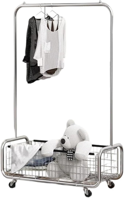 Garment Rack With Storage Baskets,Clothing Rack for Hanging Clothes, Multi-functional Bedroom Clothes Rack with Wheels for Bedroom, Living Room, Easy Assembly (24inch length)