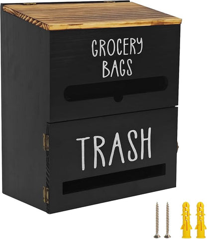 2 in 1 Trash Bag Dispenser, Double Wall Mounted,Wood Trash Bag Holder, Used in Kitchen, Garage, Laundry Room, can Store Environmentally Friendly Food Bags and Garbage Bags (Black)