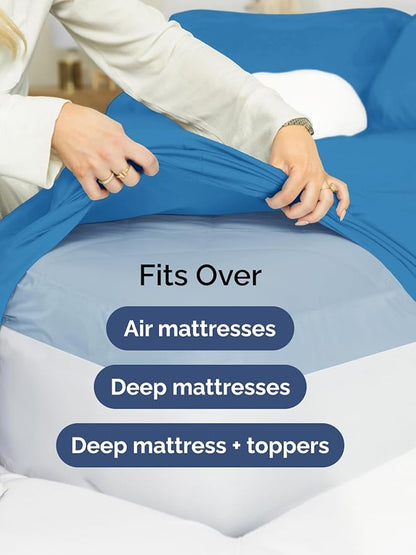 Extra Deep Pocket Cal King Sheets - 4 Piece Breathable & Cooling Bed Sheets - Hotel Luxury Sheet Set - Soft, Wrinkle Free & Comfy - Easily Fits Extra Deep Mattresses - Deep Pocket Denim Blue Sheets