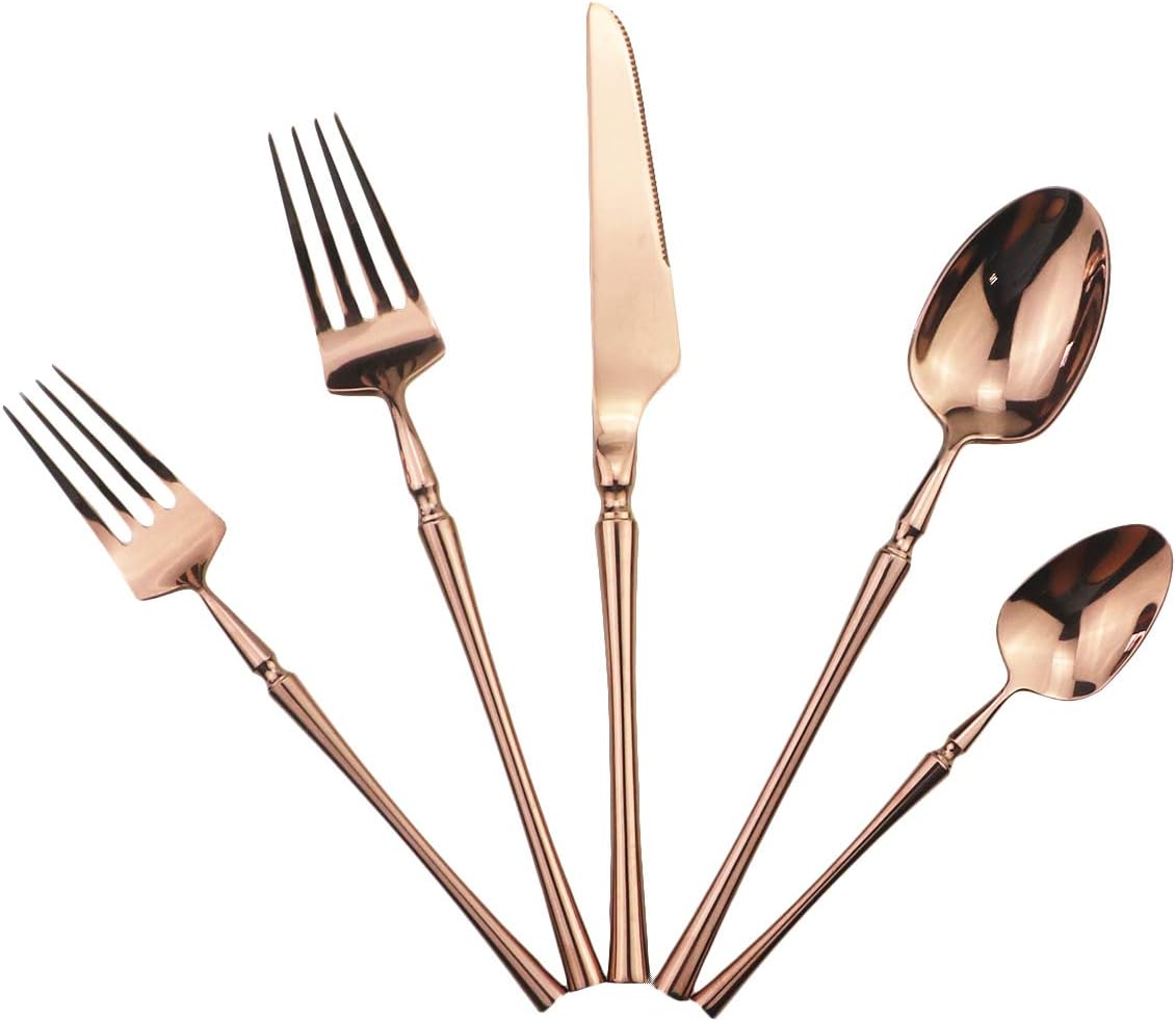 Gugrida 20 piece Copper Flatware Set 304 Stainless Steel Fork Spoon Cutlery Luxury Mirror Polished Silverware, Dishwasher Safe, Service for 4
