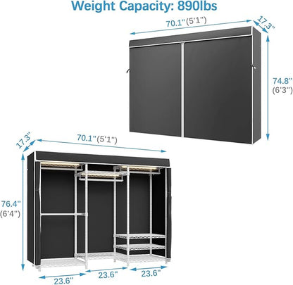 VIPEK V5LC Garment Rack Heavy Duty Covered Clothes Racks with Dimmable LED Light, 3000K Warm White, Portable Closet Wardrobe Freestanding Clothing Rack for Hanging Clothes, White Rack with Black Cover