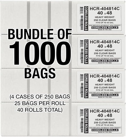 Aluf Plastics High Density Trash Bags, 45 Gallon, 1000 Count, 14 Micron (eq), 40" x 48", Clear, for Bathroom, Office, Industrial, Commercial, Janitorial, Municipal, Recycling