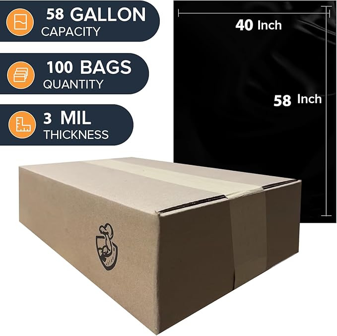 ToughBag 55-60 Gallon Heavy Duty Trash Bags - Contractor Grade, 3 Mil, 40 * 58, Tear Resistant, Gusseted Design for Industrial & Yard Waste(100 packs)