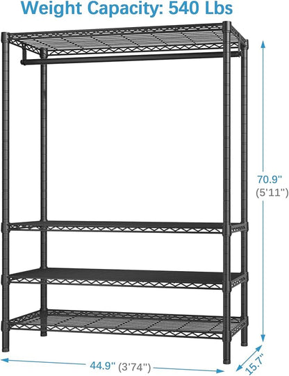 VIPEK V1 Plus Heavy Duty Clothes Rack with Shelves - 4 Tiers Adjustable Height | Holds Up to 540lbs | Perfect for Small Spaces, Apartments | Compact Design for Flexible Storage, Black