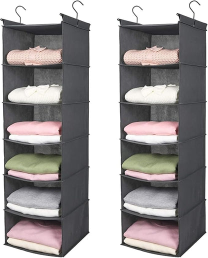 MAX Houser 6 Tier Shelf Hanging Closet Organizer, Closet Hanging Shelf with 2 Sturdy Hooks for Storage,2 Pack, Foldable (Grey)