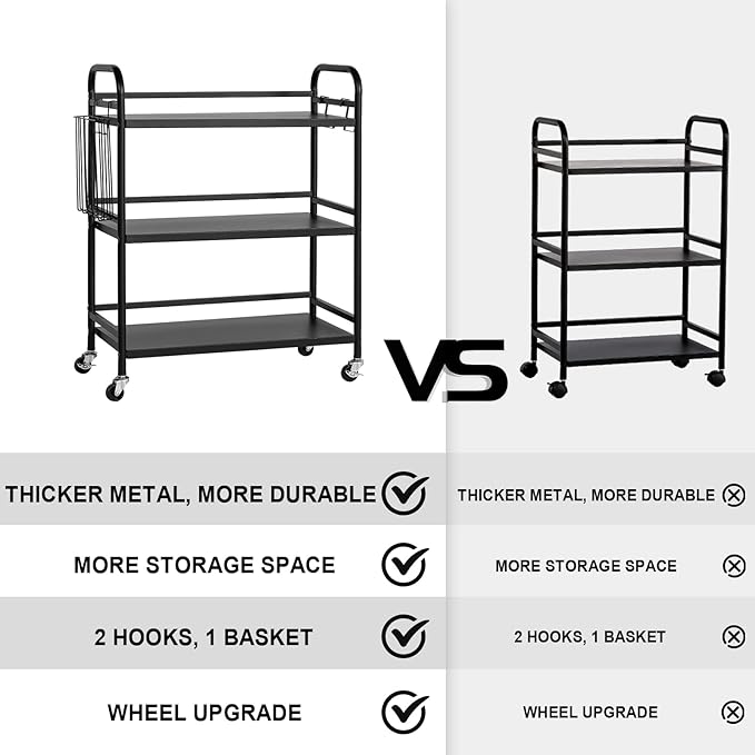 HDANI 3 Tier Metal Rolling Utility Cart,High Capacity Multi Purpose Heavy Duty Cart,for Office,Kitchen,Living Room,Bedroom,Etc.(Black)…