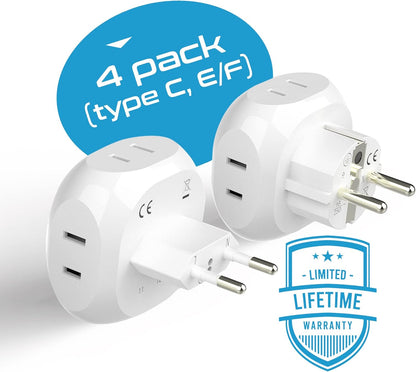Ceptics Europe Travel Adapter Plug Set Schuko - 4 Input - Ultra Compact - Light Weight Type C, Type E/F - USA to Any Type C E/F Countries Such as Germany, France- 4 Pack (PT-9-9C-4PK),White