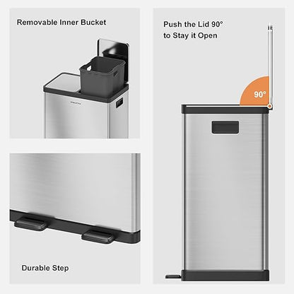 Kitchen Trash Can, 2 x 8 Gallon (2 x 30 L) Dual Trash Can, Garbage Can for Kitchen, Trash and Recycle Bin Combo, Fingerprint Resistant, Soft-close Lid,Odor-Proof and Brushed Stainless Steel