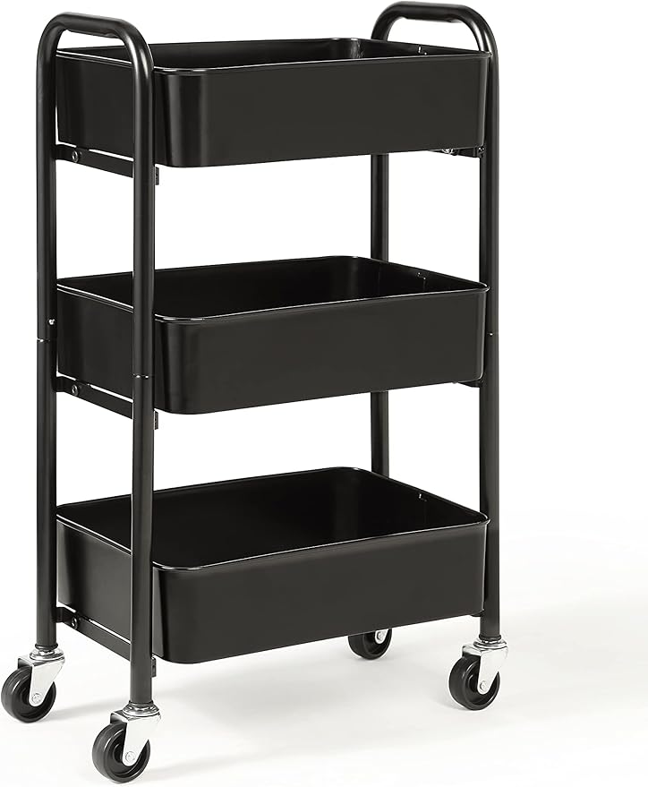 SunnyPoint 3-Tier Delicate Compact Rolling Metal Storage Organizer - Mobile Utility Cart Kitchen/Under Desk Cart with Caster Wheels - BLK (15.35" X 10.24" X 26.8"H)