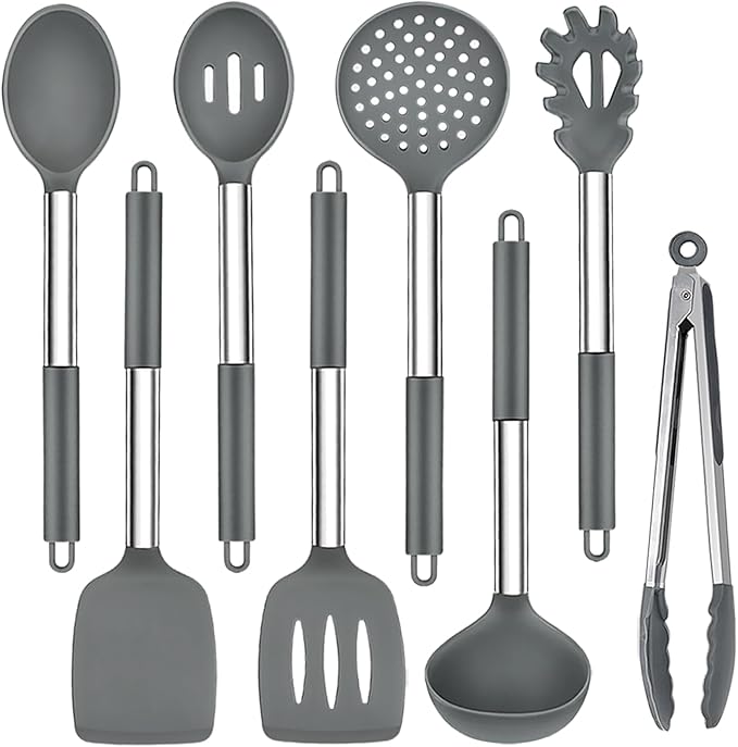 TeamFar Kitchen Utensils, 8PCS Silicone Utensils Kitchen Tools Set with Stainless Steel Handle, for Nonstick Cookware Frying Flipping Draining, Healthy & Anti-heat, Nonstick & Dishwasher Safe - Gray