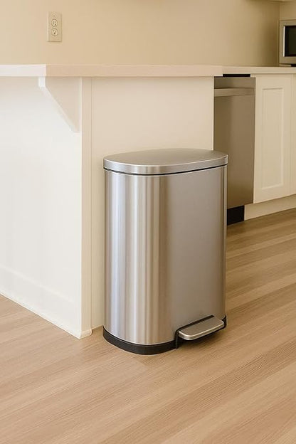 QUALIAZERO 50L / 13 Gallon Stainless Steel Step-On Kitchen Trash Can Soft-Close Lid, Fingerprint-Resistant, Removable Liner, Slim Rectangle Modern Design for Home, Office, Commercial
