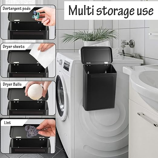Picowe Magnetic Laundry Storage, Large Metal Lint Holder Bin with Lid for Laundry Room, Space-Saving Trash Container Hanging on Dryer, Washer or Wall Mount Trash Bin (Black)