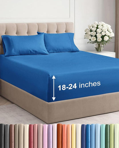Extra Deep Pocket Cal King Sheets - 4 Piece Breathable & Cooling Bed Sheets - Hotel Luxury Sheet Set - Soft, Wrinkle Free & Comfy - Easily Fits Extra Deep Mattresses - Deep Pocket Royal Blue Sheets